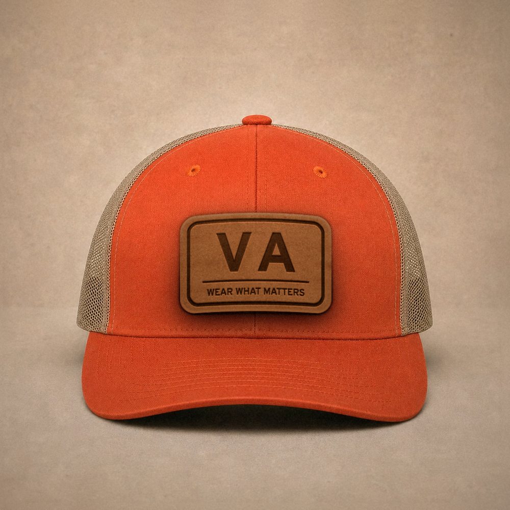 Orange Virginia hats — Virginia VA Leather Patch Trucker Hat