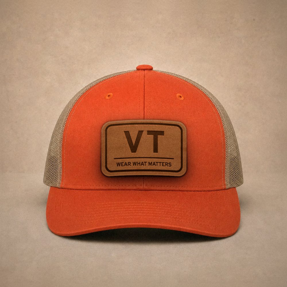 Orange Vermont hats — Vermont VT Leather Patch Trucker Hat
