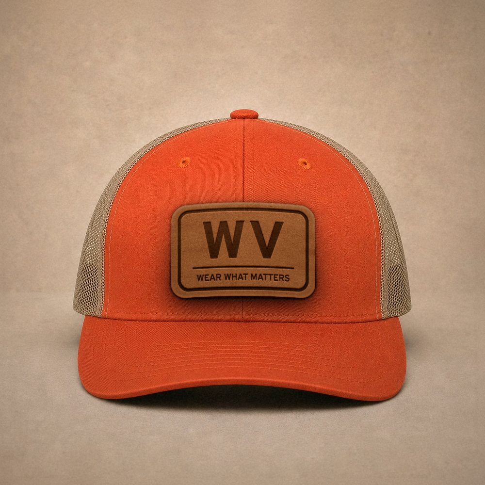 Orange West Virginia hats — West Virginia WV Leather Patch Trucker Hat