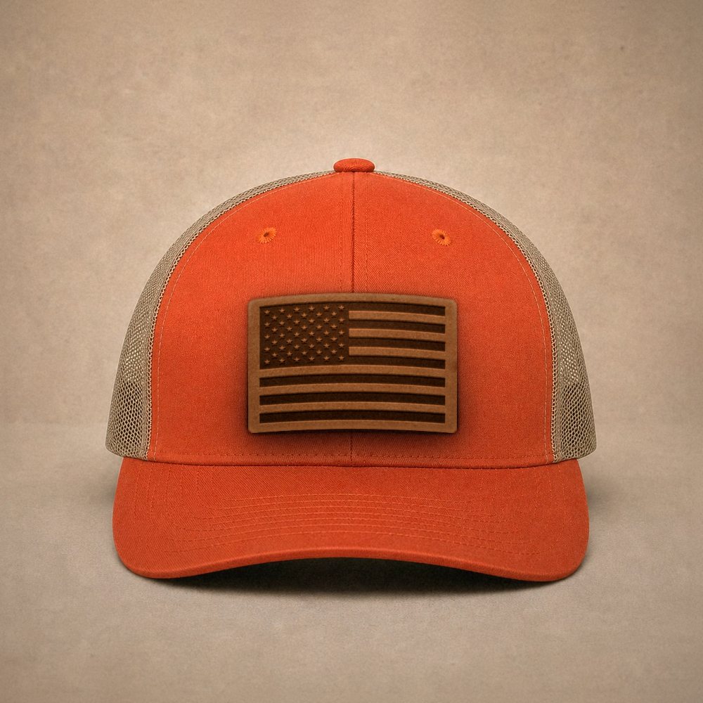 USA Flag Leather Patch Trucker Hat