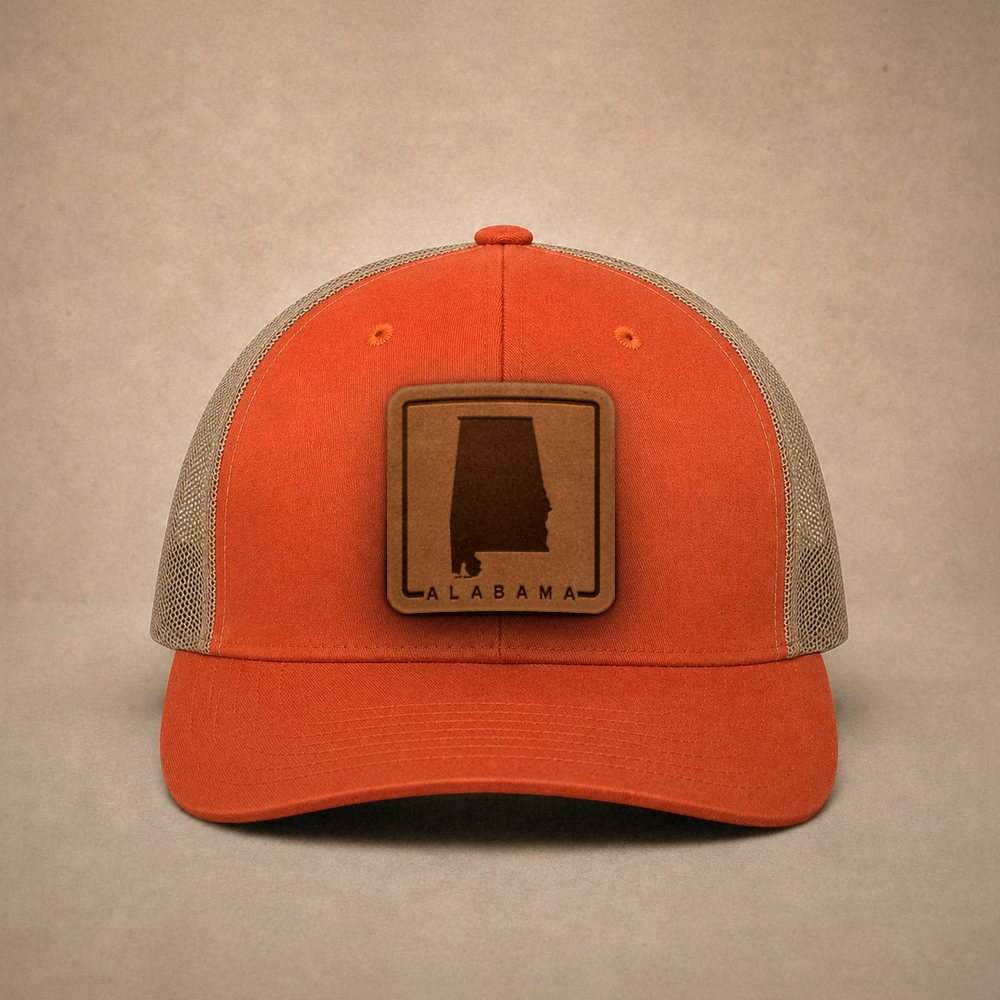 Orange Alabama hats — Alabama Outline Leather Patch Trucker Hat