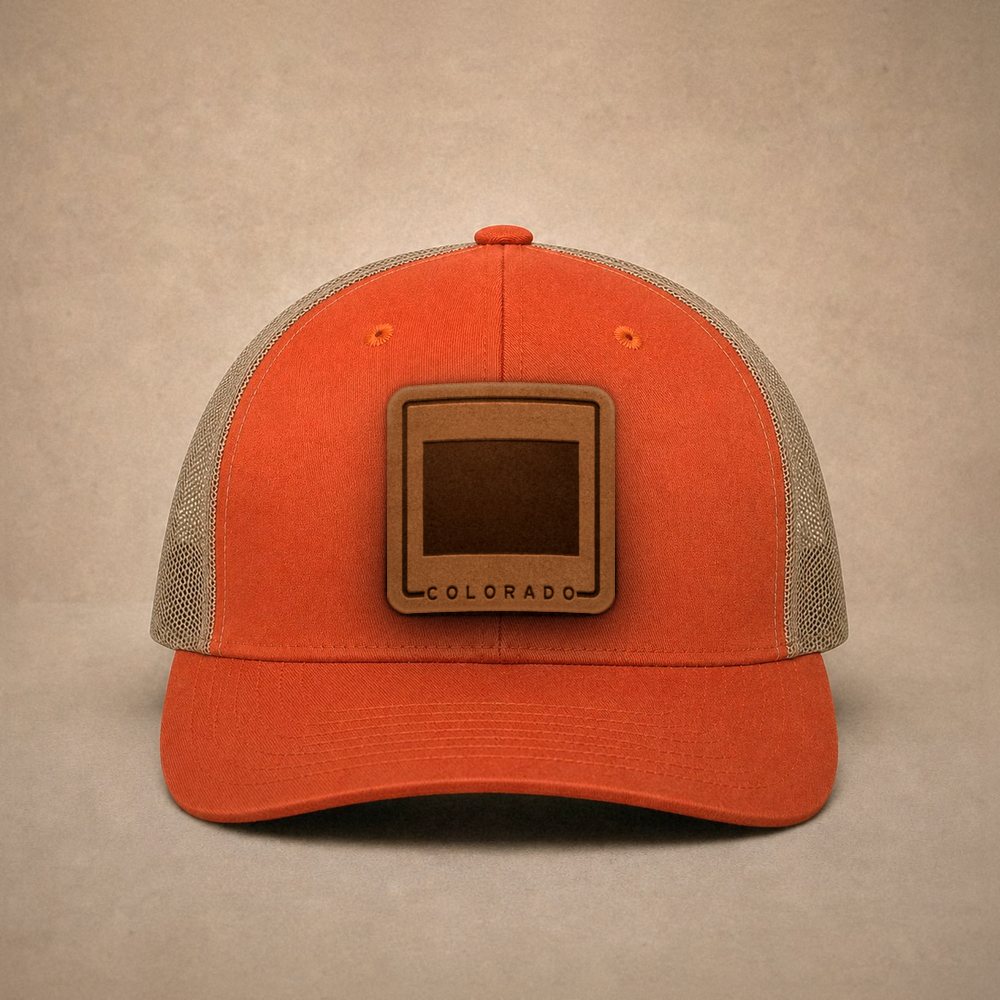 Orange Colorado hats — Colorado Outline Leather Patch Trucker Hat