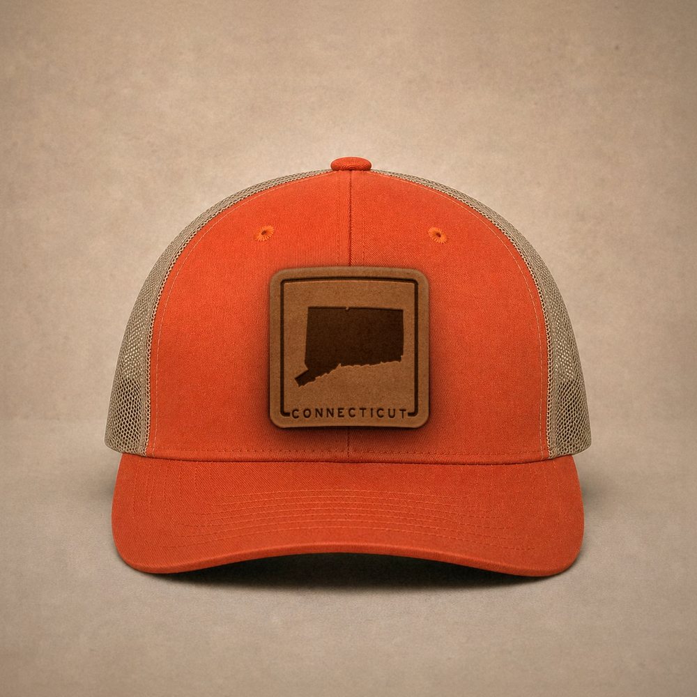 Orange Connecticut hats — Connecticut Outline Leather Patch Trucker Hat