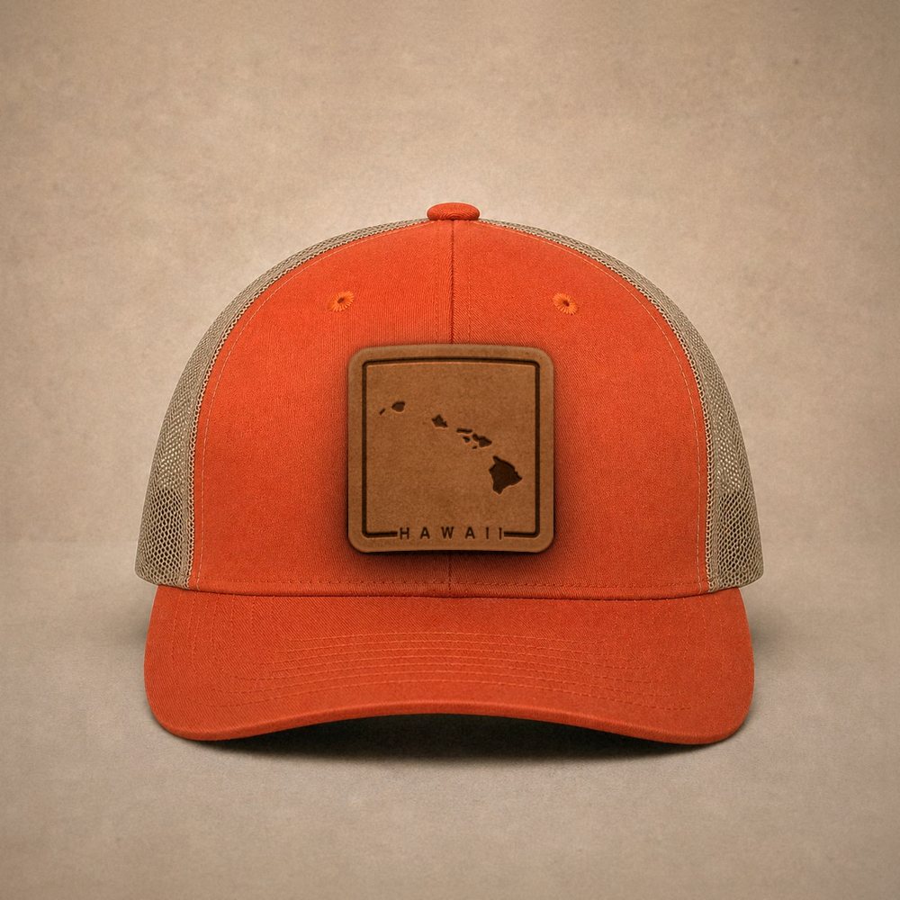 Orange Hawaii hats — Hawaii Outline Leather Patch Trucker Hat