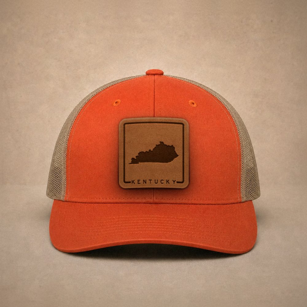 Orange Kentucky hats — Kentucky Outline Leather Patch Trucker Hat