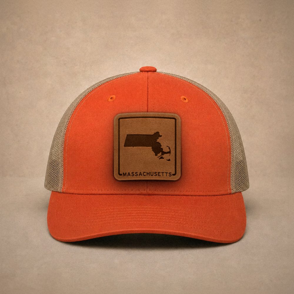Orange Massachusetts hats — Massachusetts Outline Leather Patch Trucker Hat