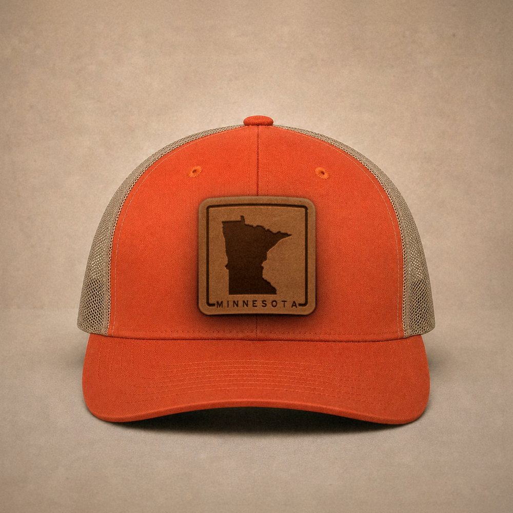 Orange Minnesota hats — Minnesota Outline Leather Patch Trucker Hat
