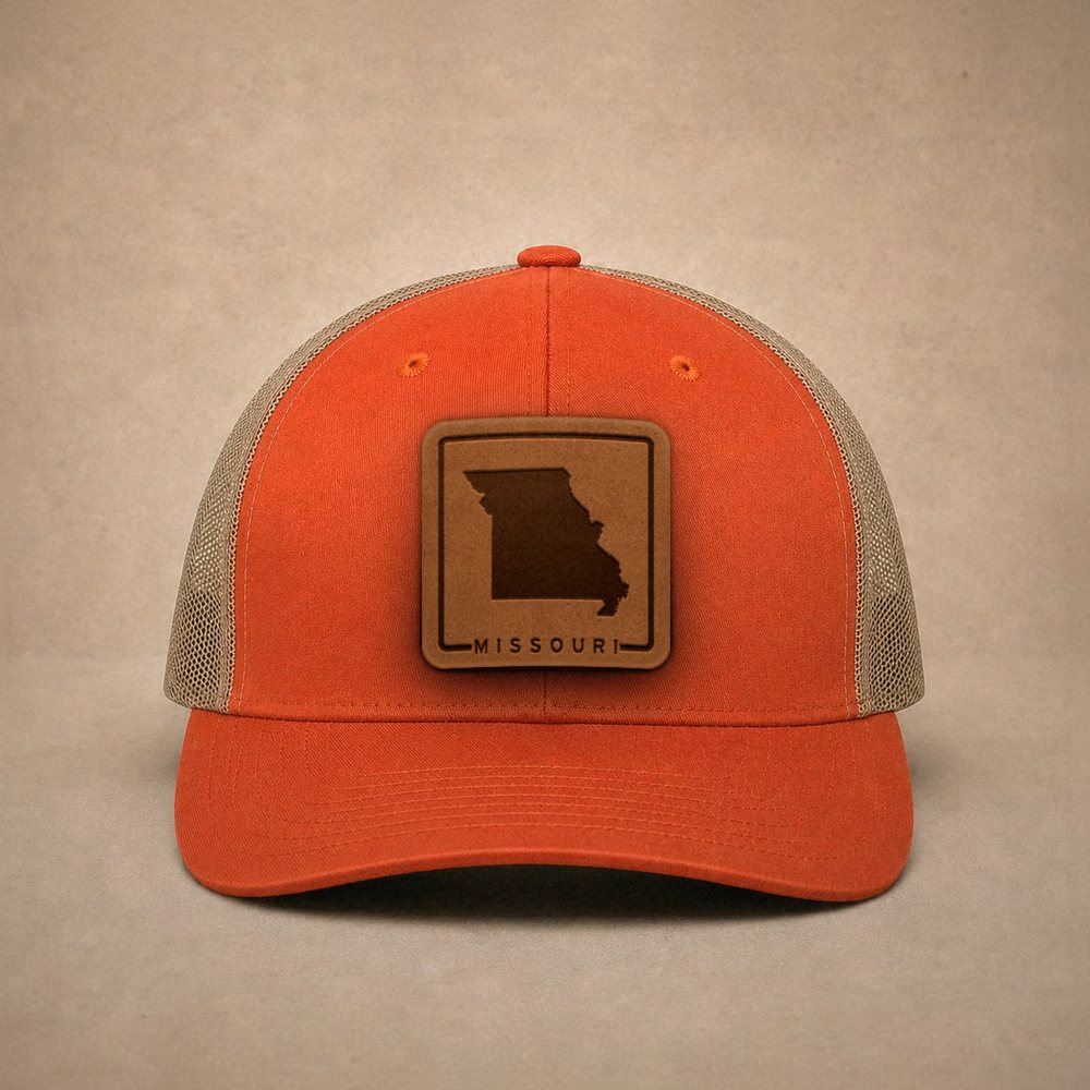 Orange Missouri hats — Missouri Outline Leather Patch Trucker Hat