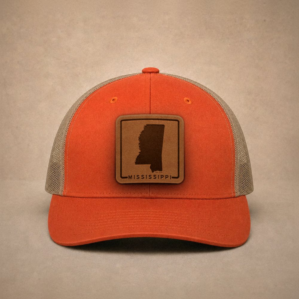 Orange Mississippi hats — Mississippi Outline Leather Patch Trucker Hat