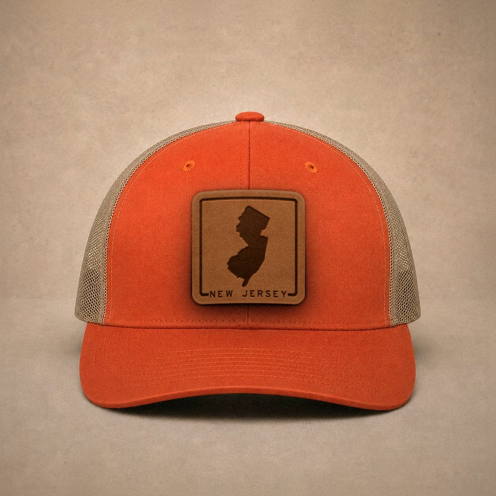 Orange New Jersey hats — New Jersey Outline Leather Patch Trucker Hat