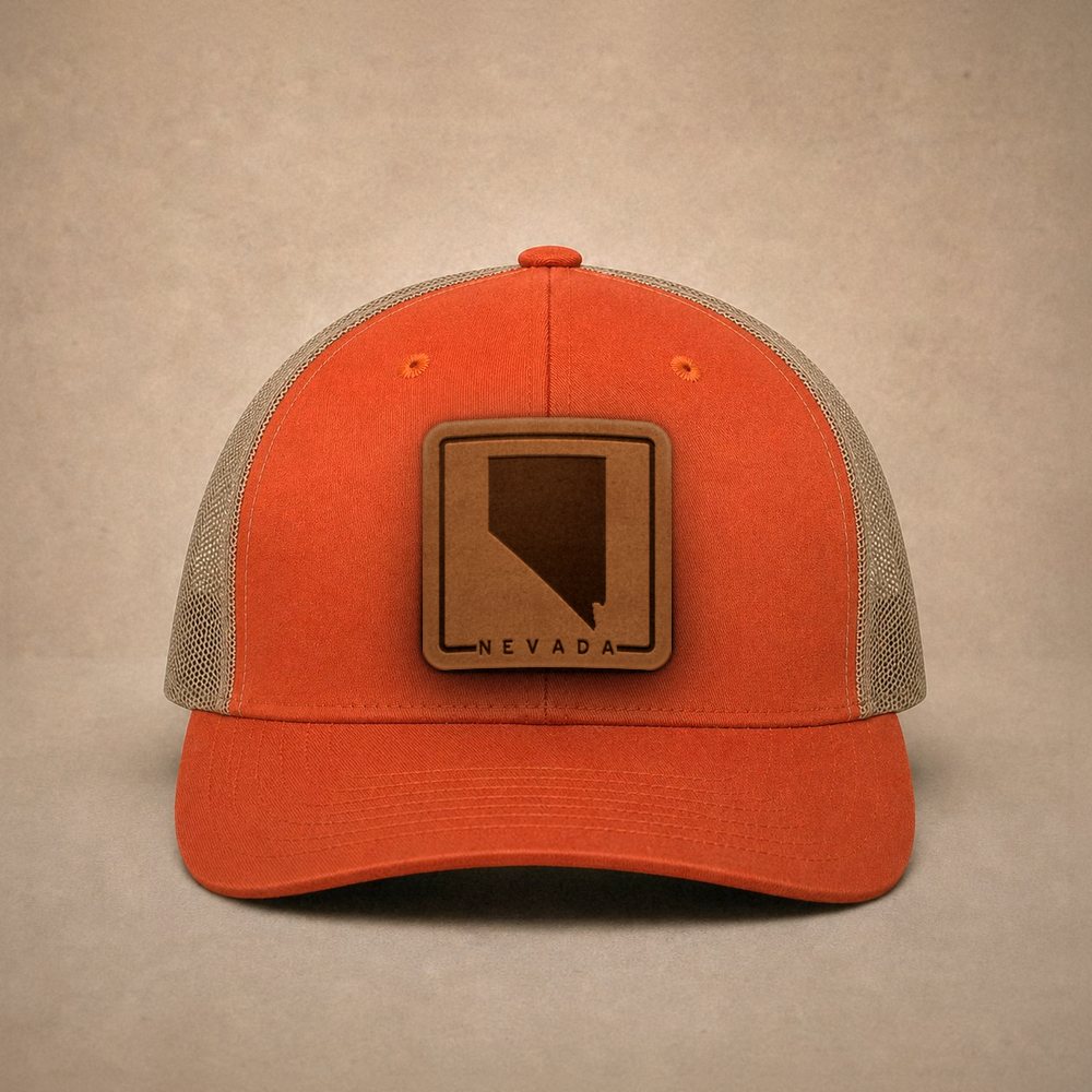 Orange Nevada hats — Nevada Outline Leather Patch Trucker Hat