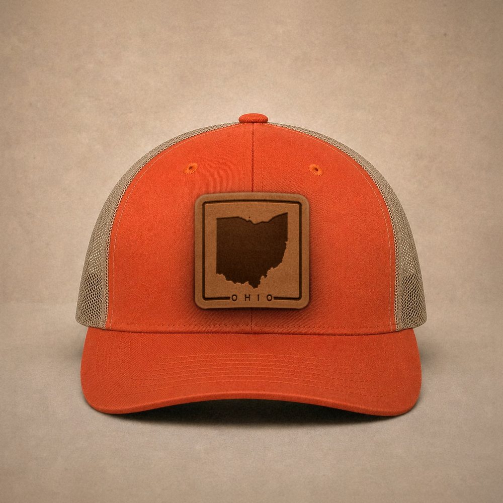 Orange Ohio hats — Ohio Outline Leather Patch Trucker Hat