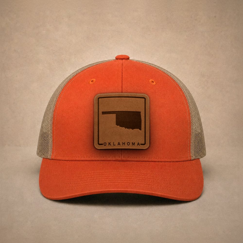 Orange Oklahoma hats — Oklahoma Outline Leather Patch Trucker Hat