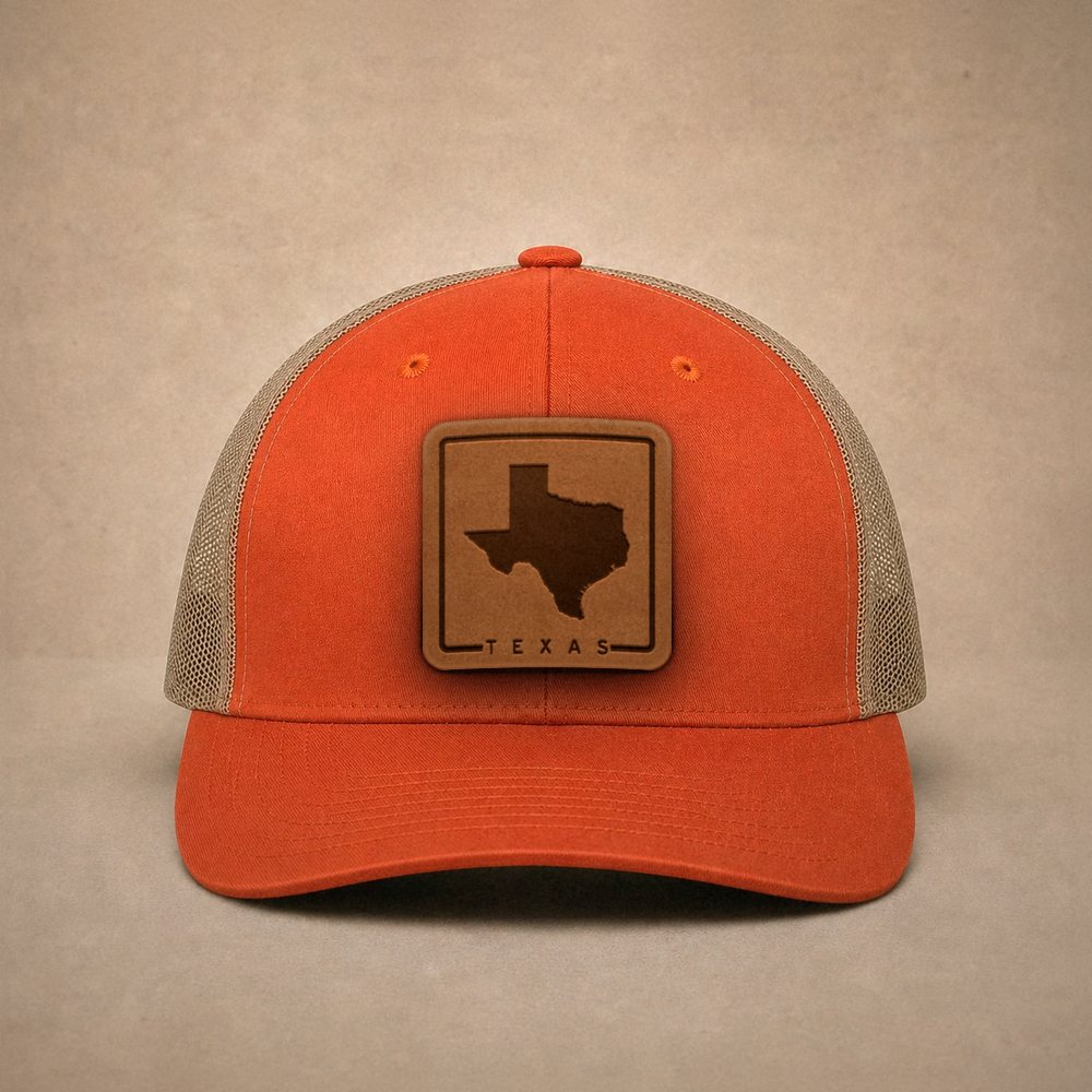 Orange Texas hats — Texas Outline Leather Patch Trucker Hat