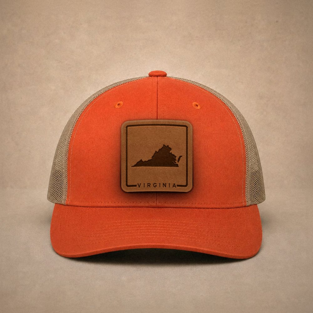 Orange Virginia hats — Virginia Outline Leather Patch Trucker Hat