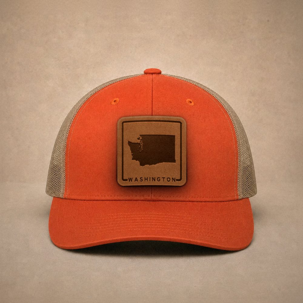 Orange Washington hats — Washington Outline Leather Patch Trucker Hat