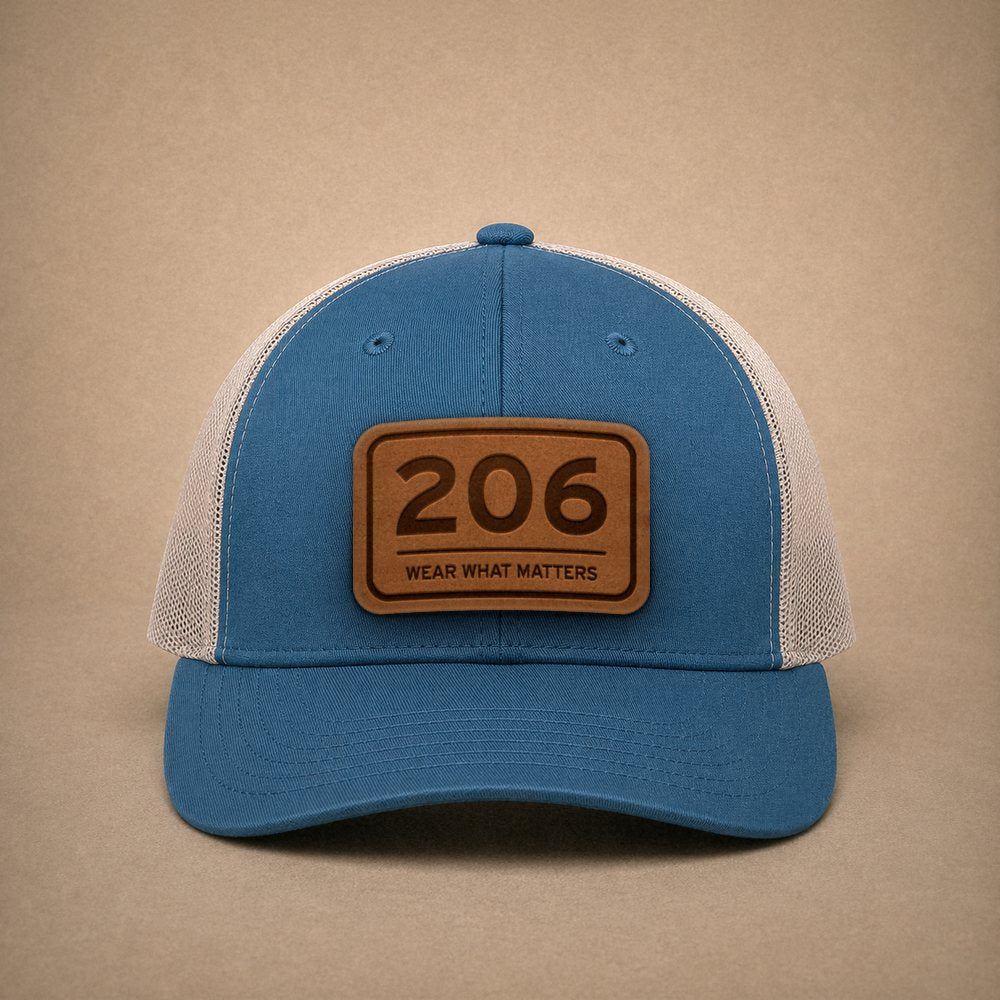 Steel Blue Seattle hats — Seattle 206 Leather Patch Trucker Hat