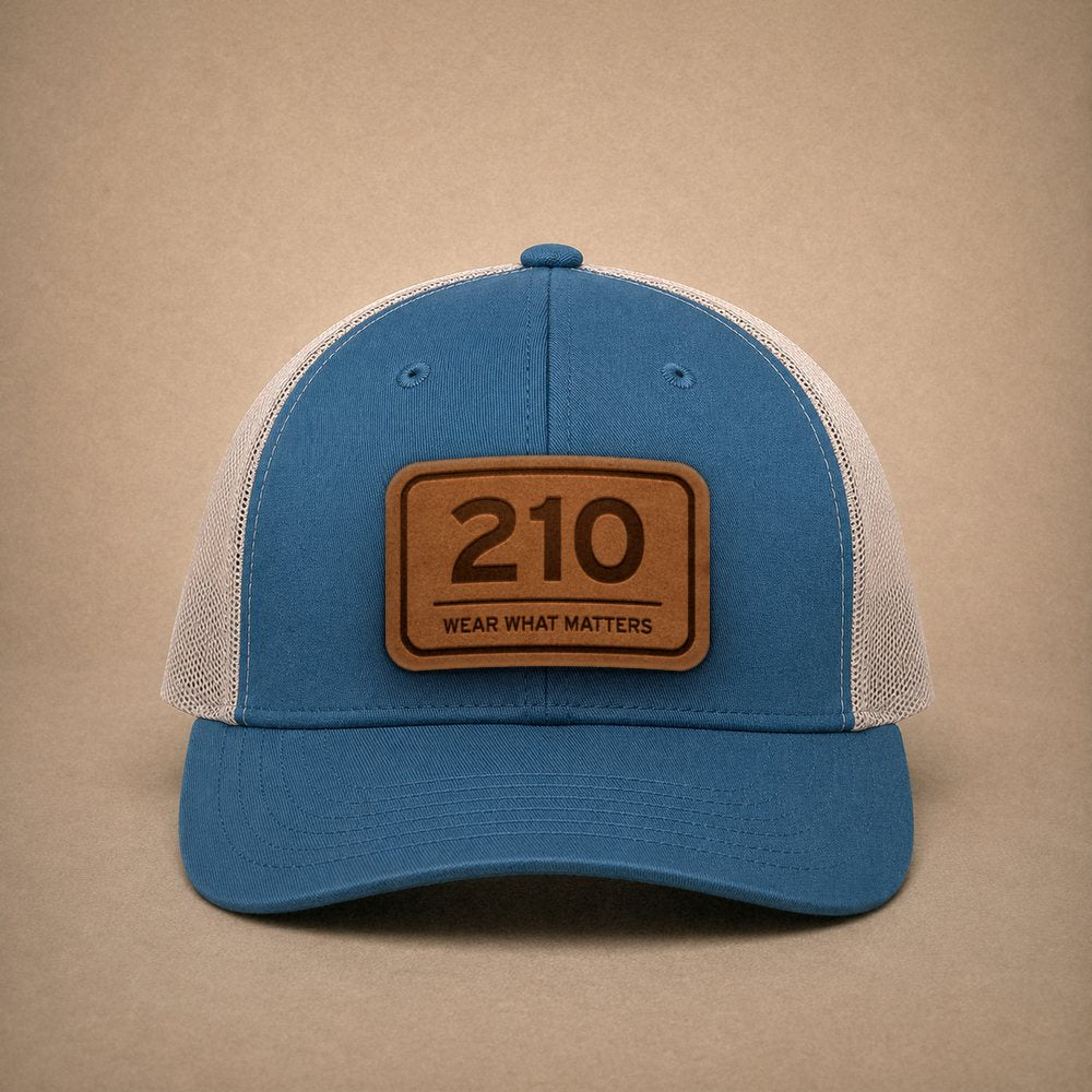 Steel Blue San Antonio hats — San Antonio 210 Leather Patch Trucker Hat