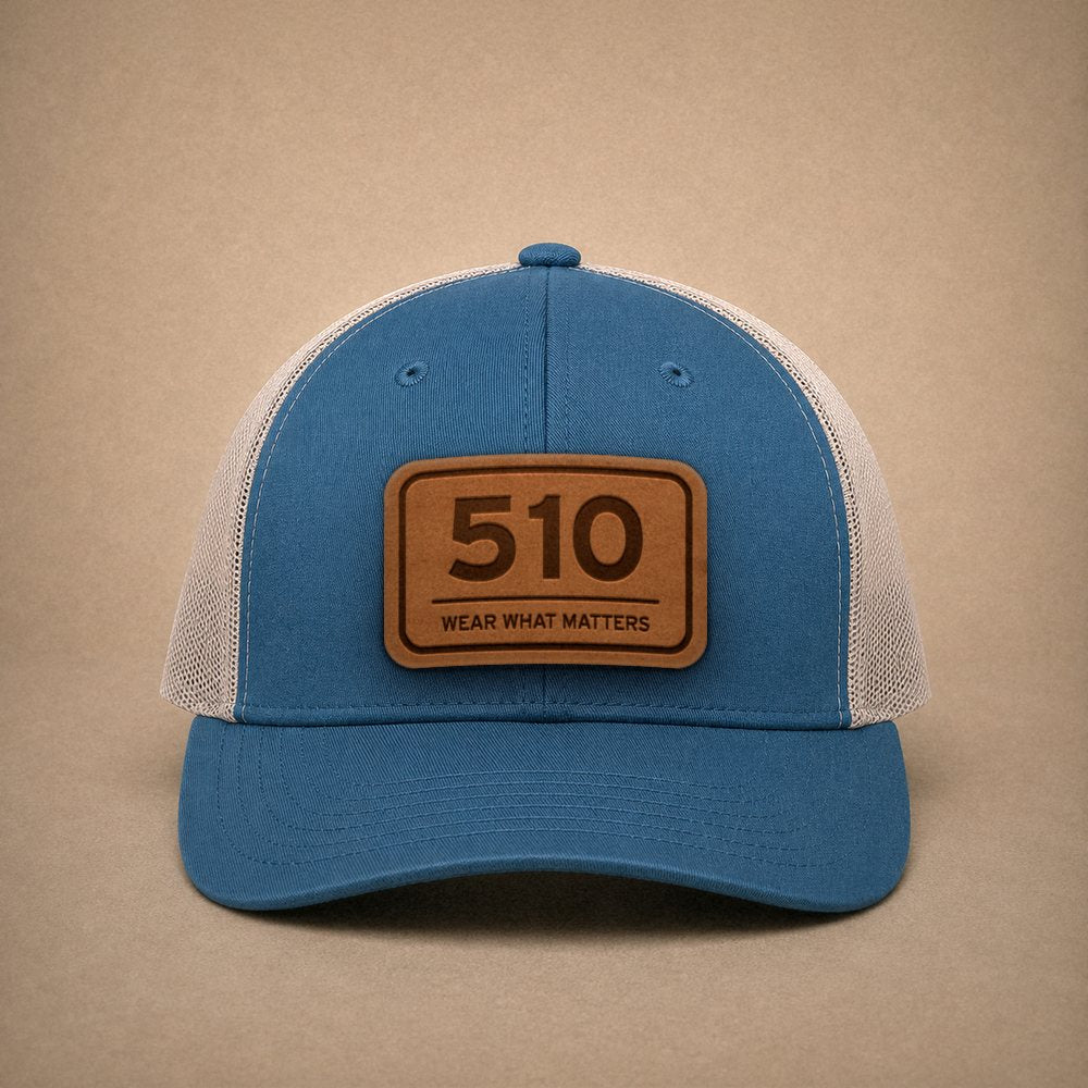 Steel Blue Oakland hats — Oakland 510 Leather Patch Trucker Hat