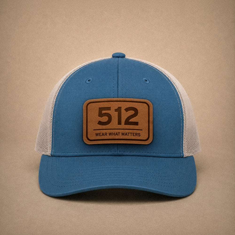 Steel Blue Austin hats — Austin 512 Leather Patch Trucker Hat