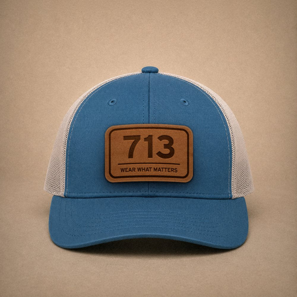 Steel Blue Houston hats — Houston 713 Leather Patch Trucker Hat