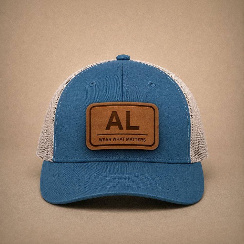 Steel Blue Alabama hats — Alabama AL Leather Patch Trucker Hat