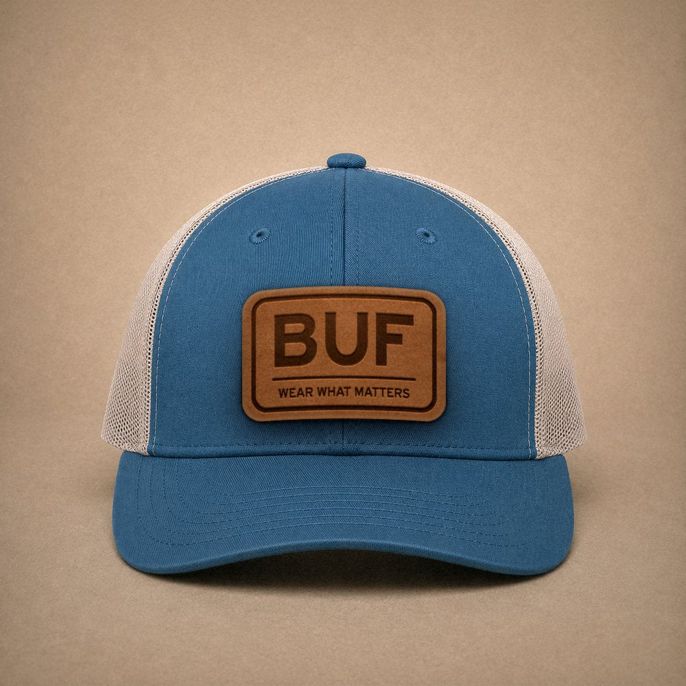 Steel Blue Buffalo hats — Buffalo BUF Leather Patch Trucker Hat