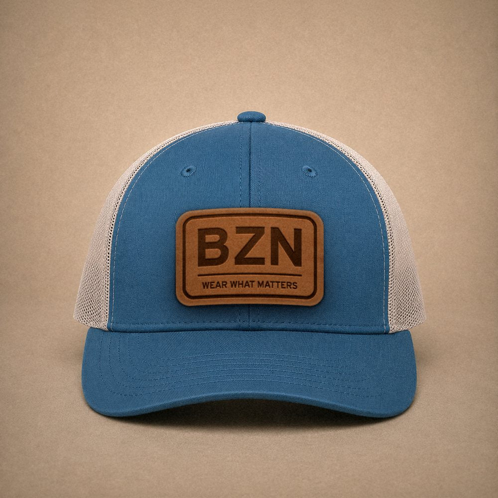 Steel Blue Bozeman hats — Bozeman BZN Leather Patch Trucker Hat