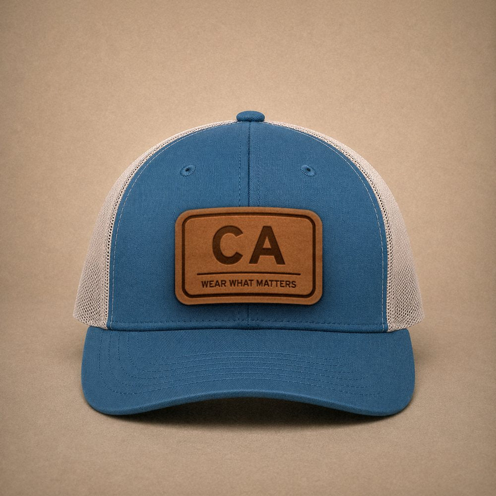 Steel Blue California hats — California CA Leather Patch Trucker Hat
