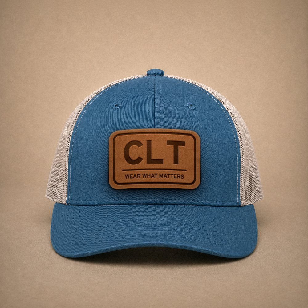Steel Blue Charlotte hats — Charlotte CLT Leather Patch Trucker Hat
