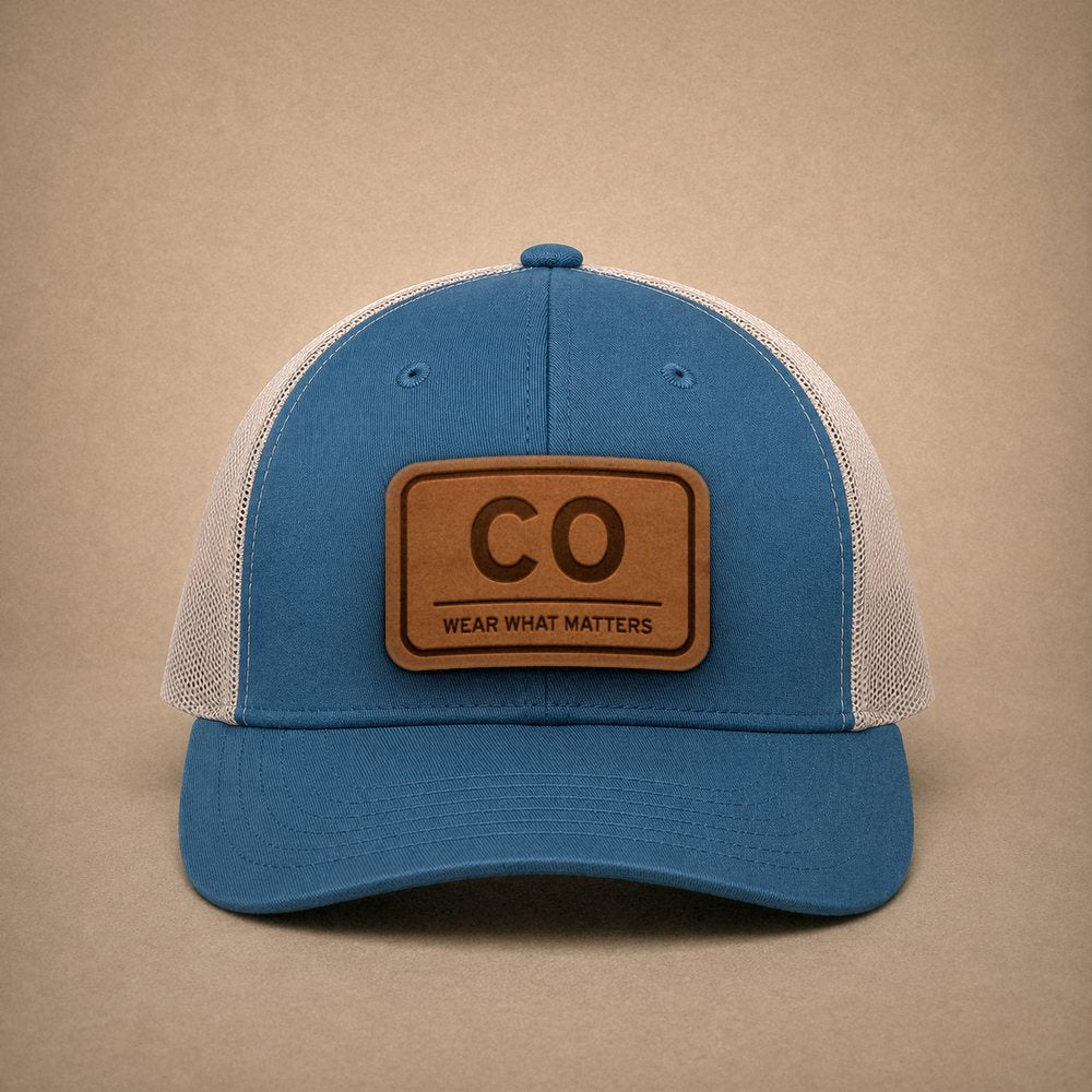 Steel Blue Colorado hats — Colorado CO Leather Patch Trucker Hat