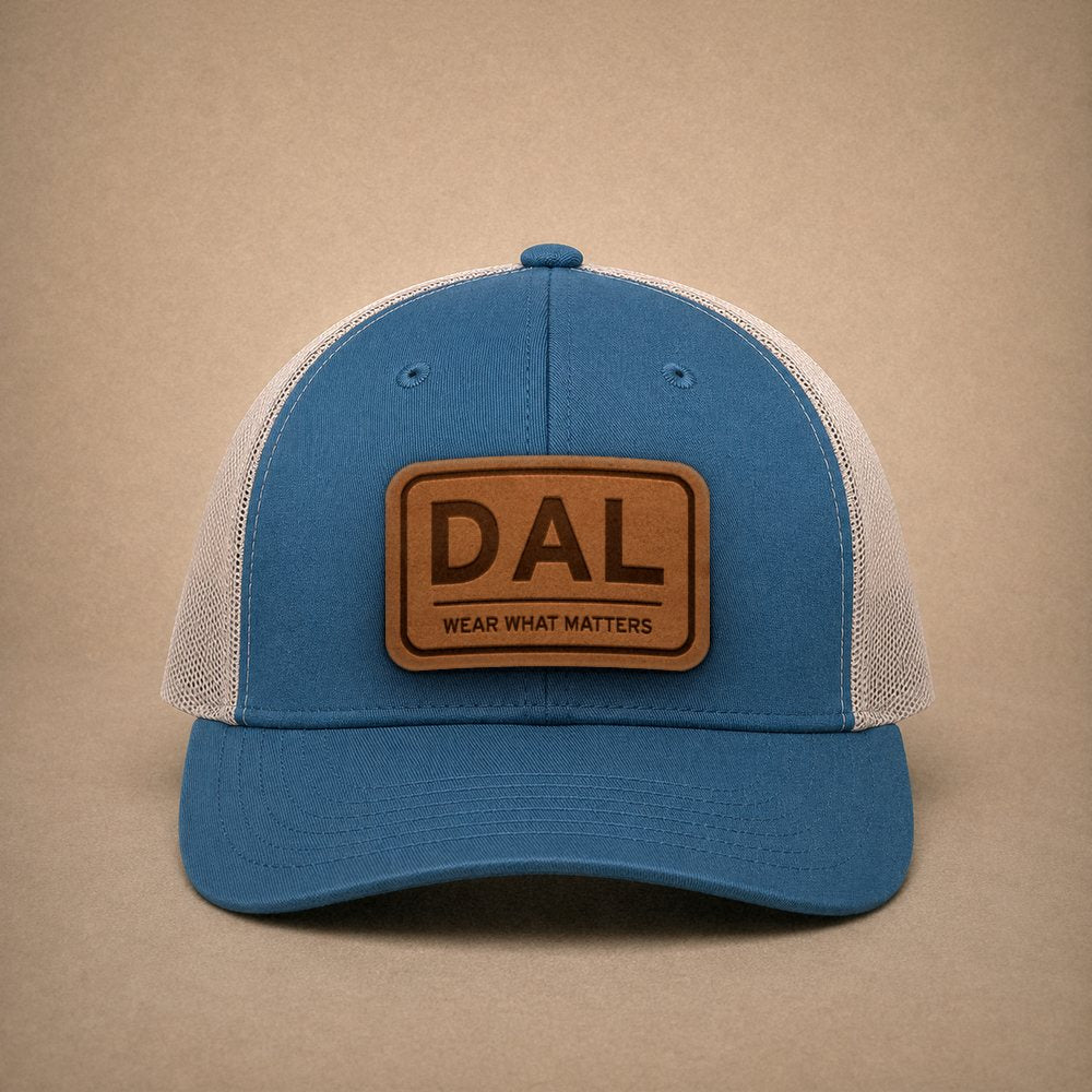 Steel Blue Dallas hats — Dallas DAL Leather Patch Trucker Hat