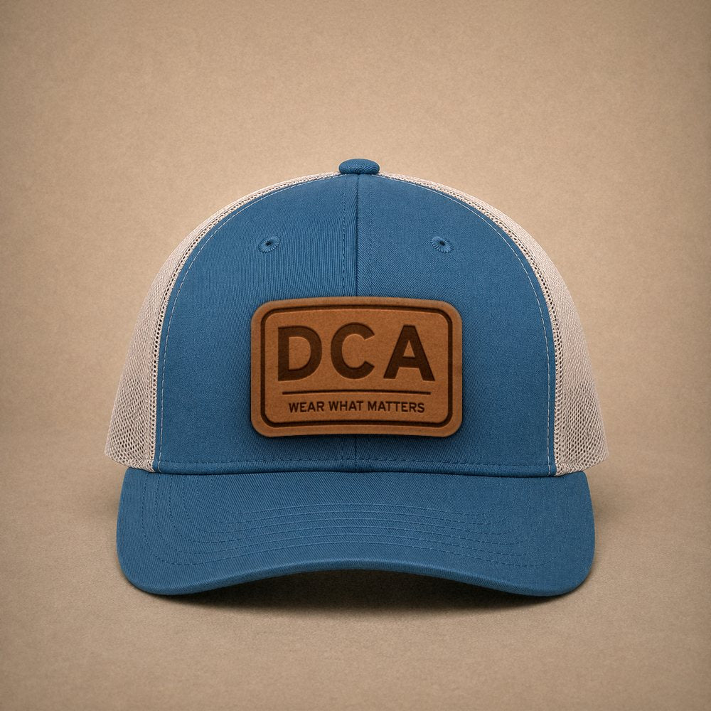 Steel Blue Washington DC hats — Washington DC DCA Leather Patch Trucker Hat