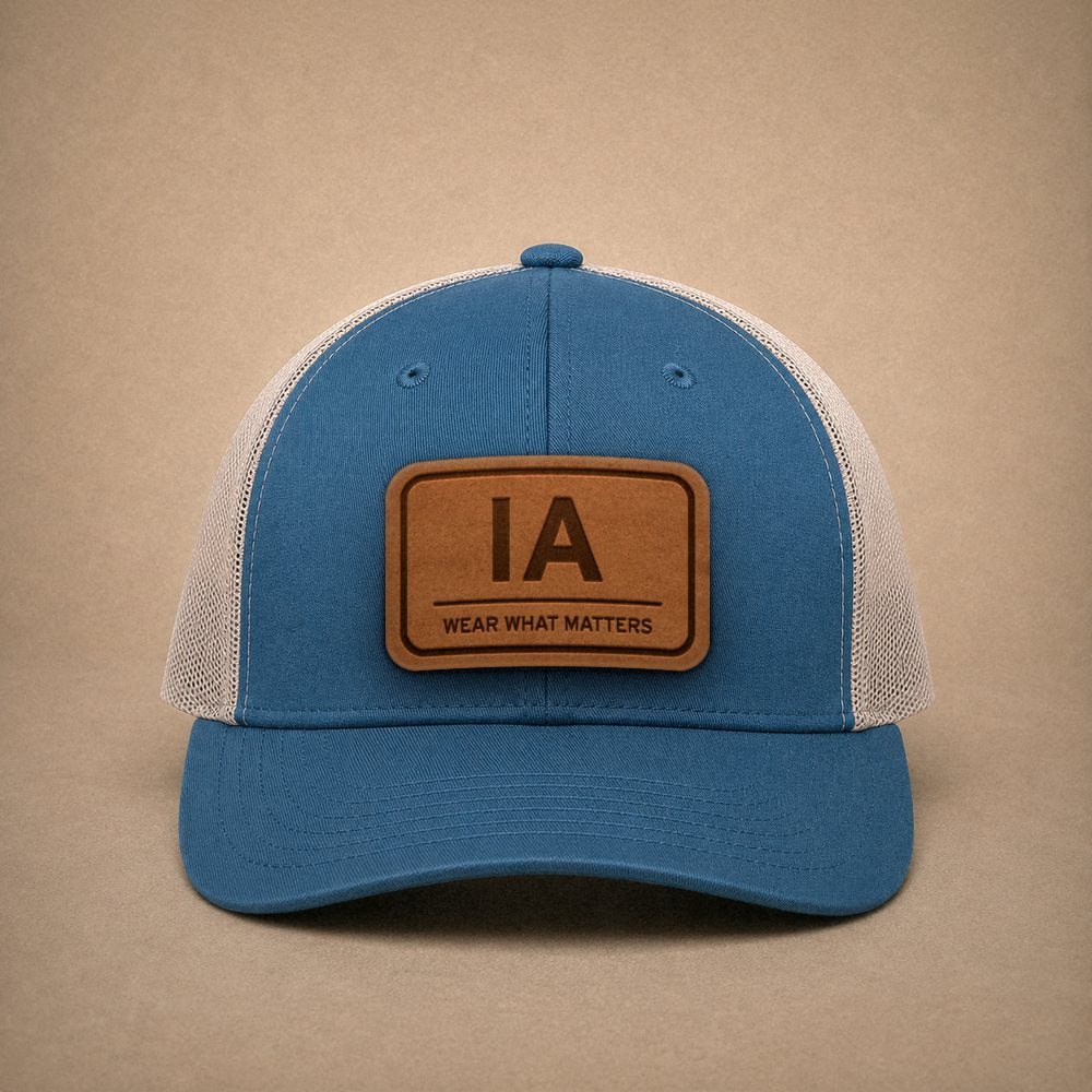 Steel Blue Iowa hats — Iowa IA Leather Patch Trucker Hat