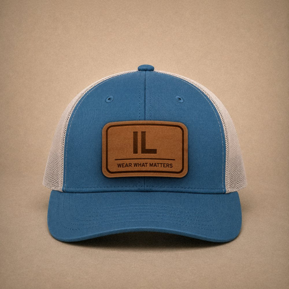 Steel Blue Illinois hats — Illinois IL Leather Patch Trucker Hat
