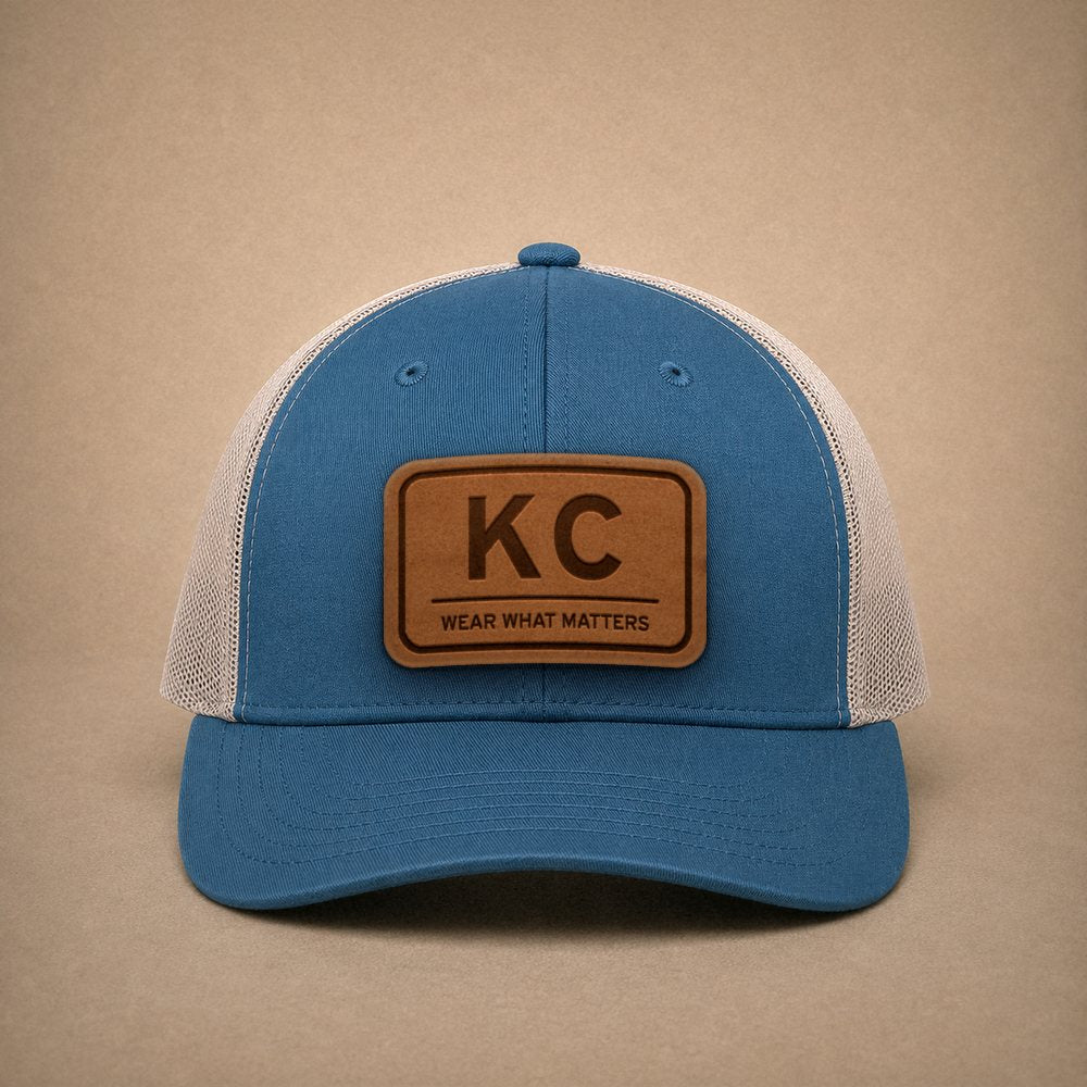 Steel Blue Kansas City hats — Kansas City KC Leather Patch Trucker Hat