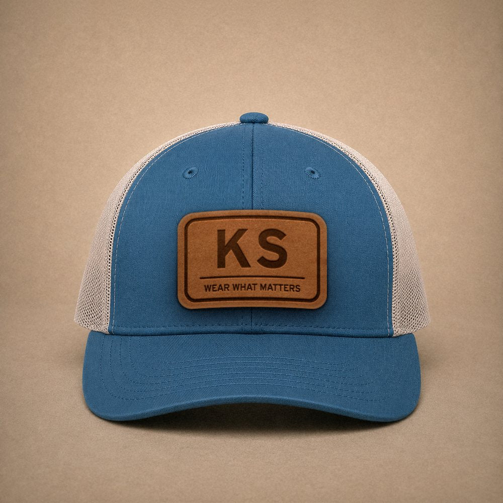 Steel Blue Kansas hats — Kansas KS Leather Patch Trucker Hat
