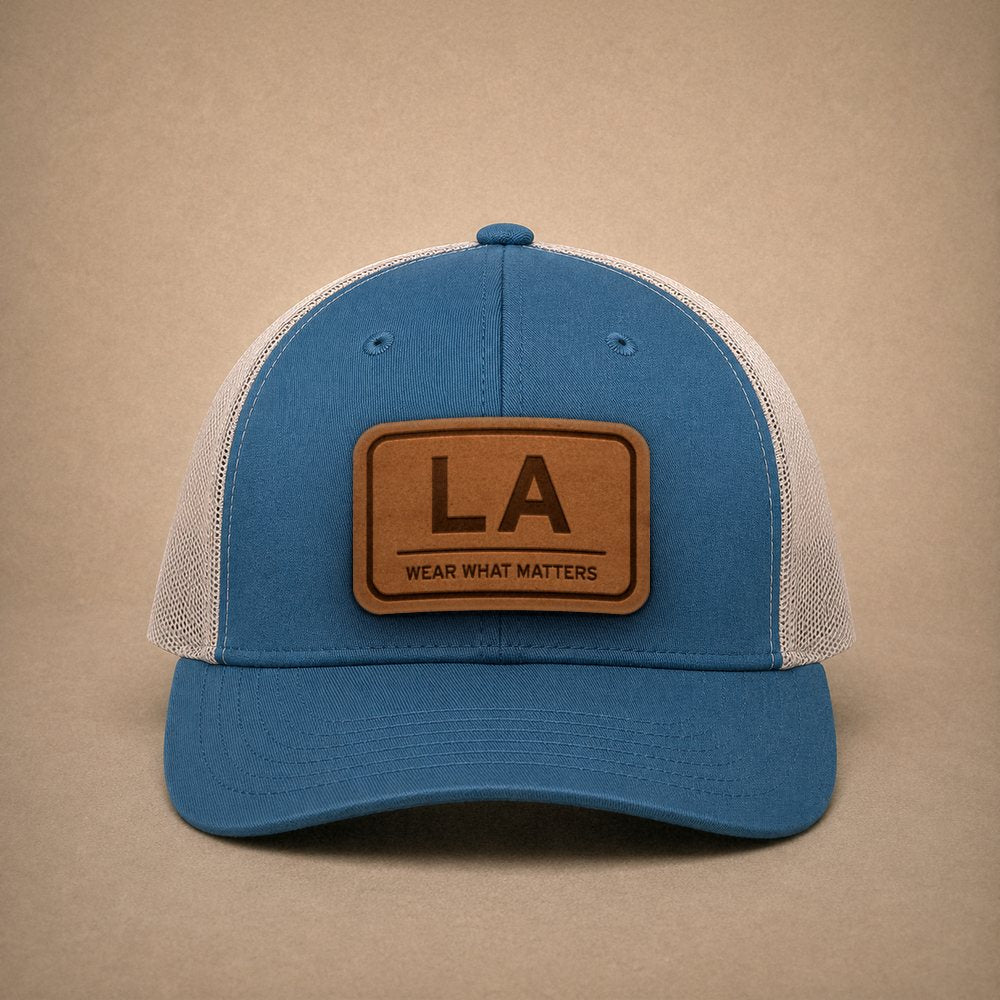 Steel Blue Louisiana hats — Louisiana LA Leather Patch Trucker Hat