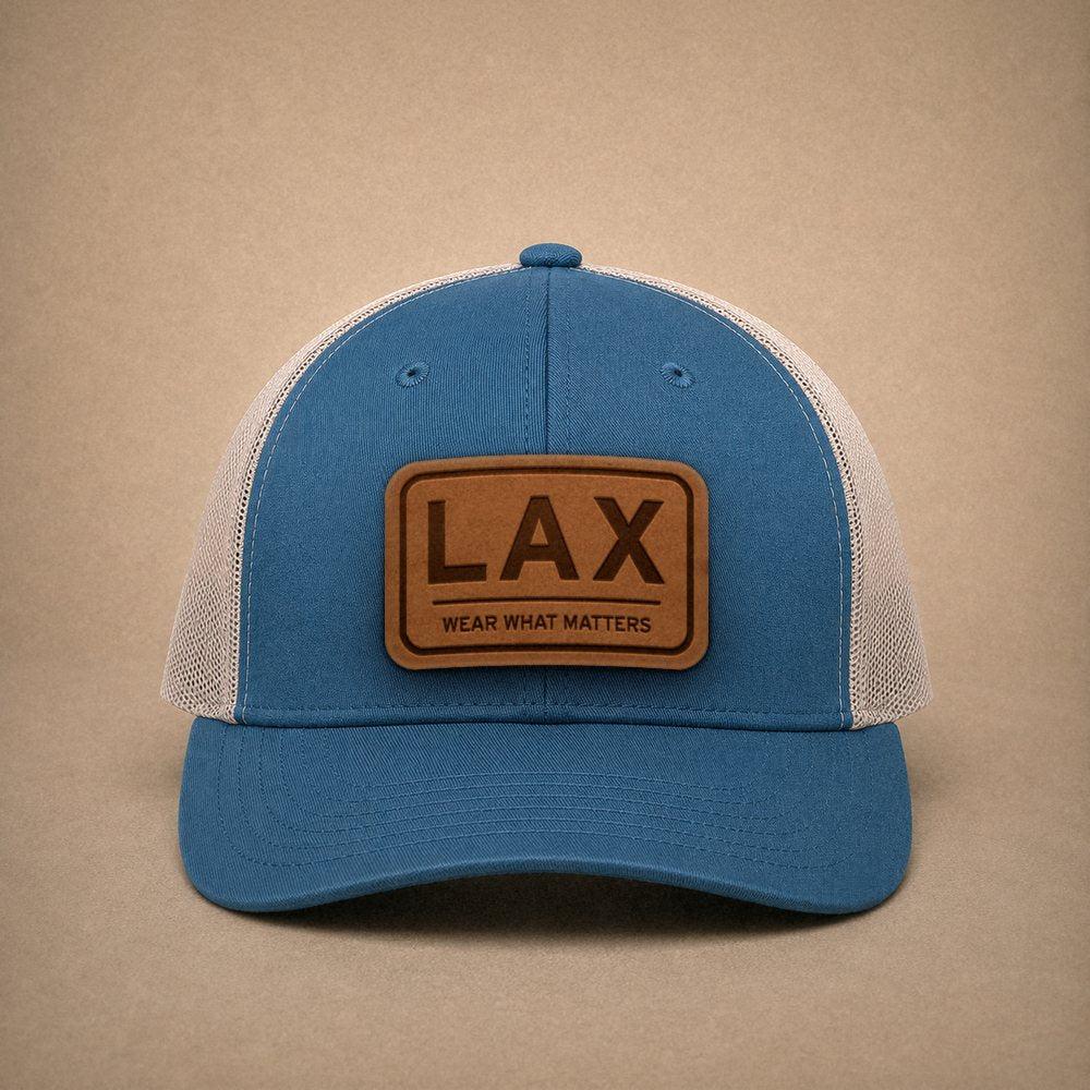 Steel Blue Los Angeles hats — Los Angeles LAX Leather Patch Trucker Hat