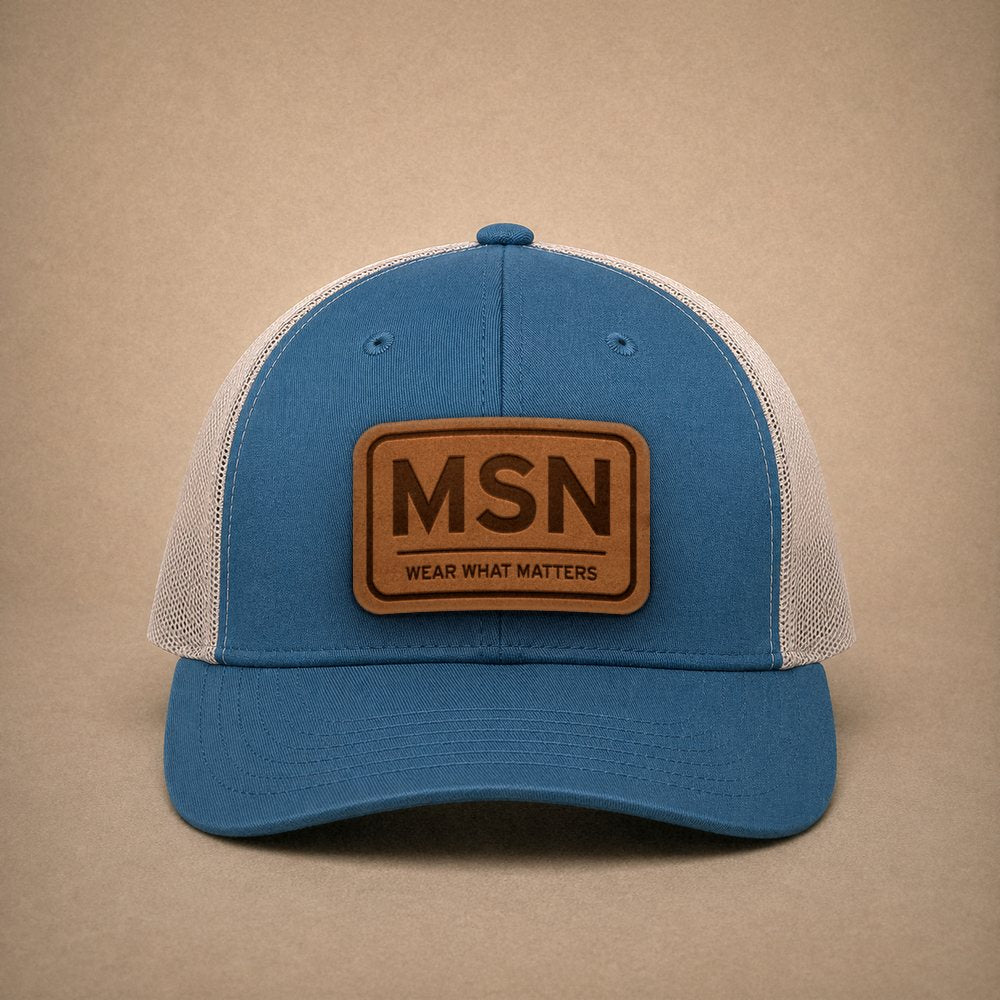 Steel Blue Madison hats — Madison MSN Leather Patch Trucker Hat