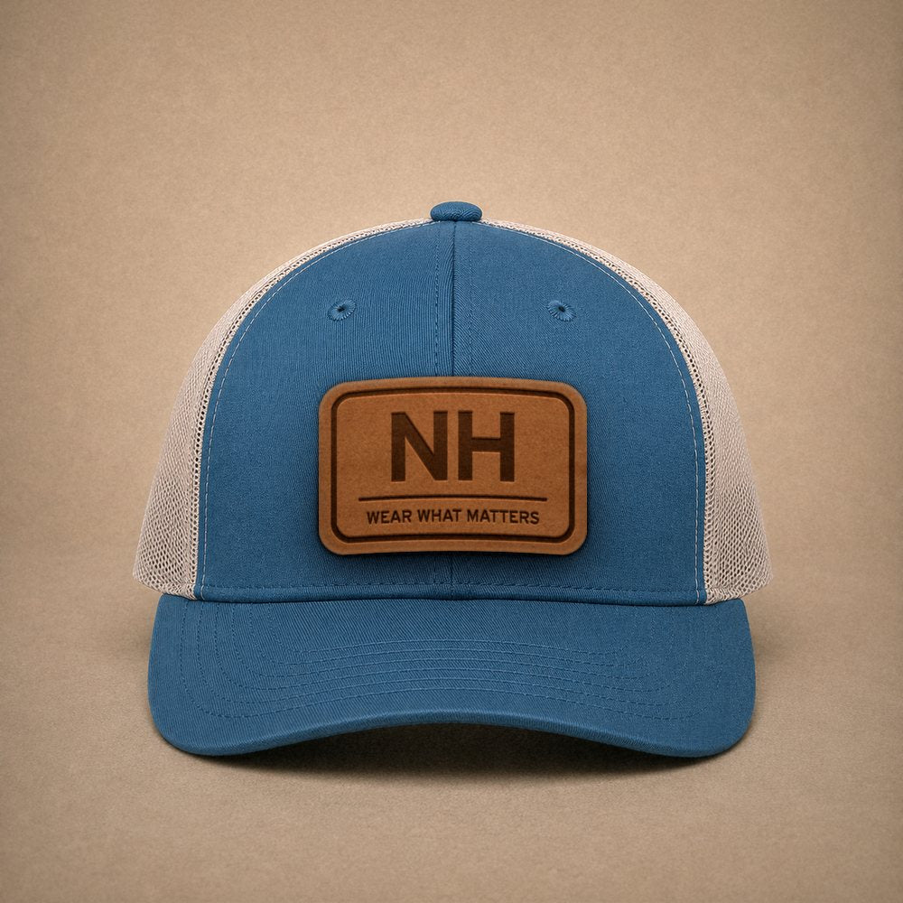 Steel Blue New Hampshire hats — New Hampshire NH Leather Patch Trucker Hat