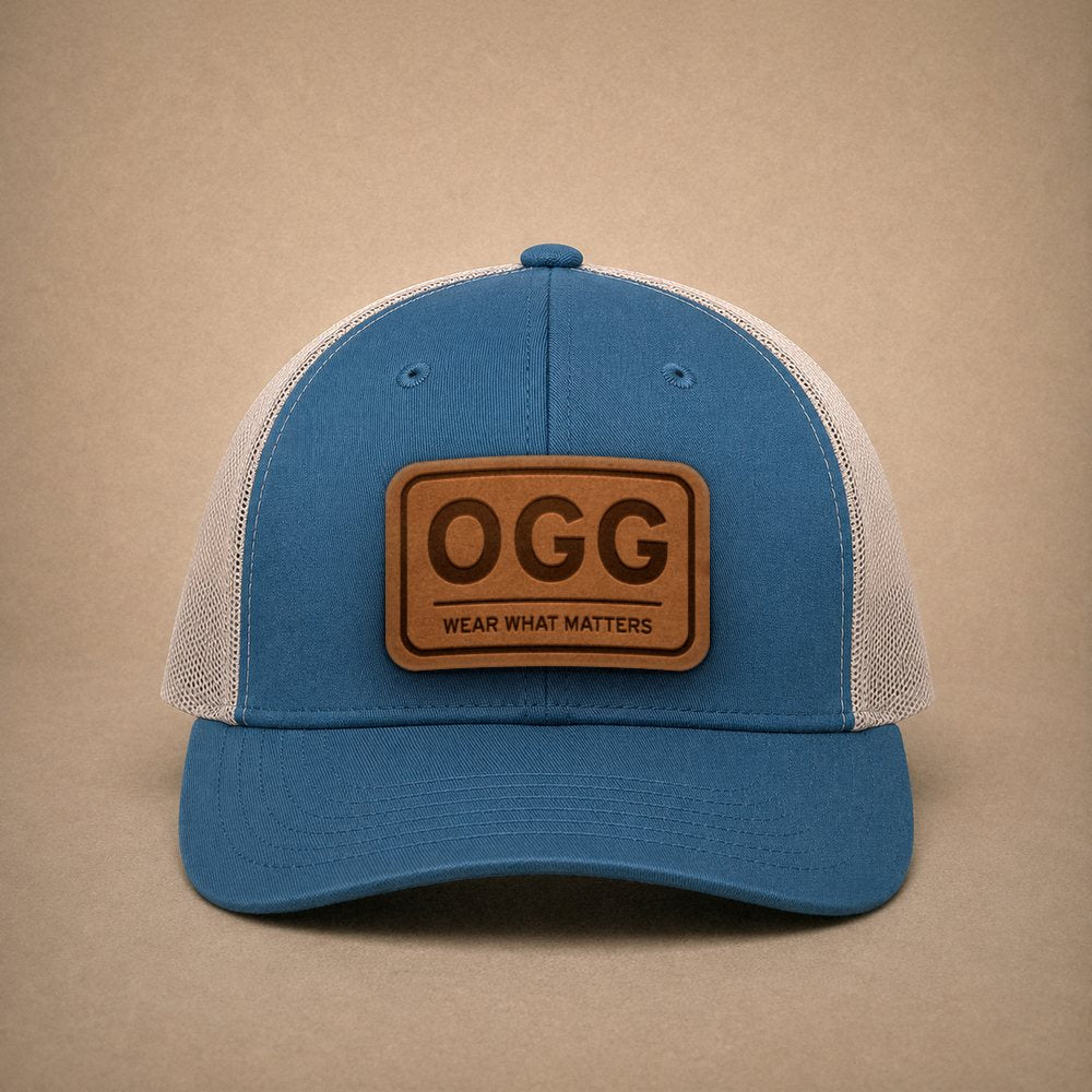 Steel Blue Maui hats — Maui OGG Leather Patch Trucker Hat