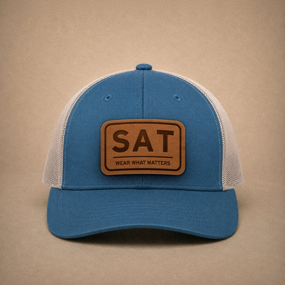 Steel Blue San Antonio hats — San Antonio SAT Leather Patch Trucker Hat