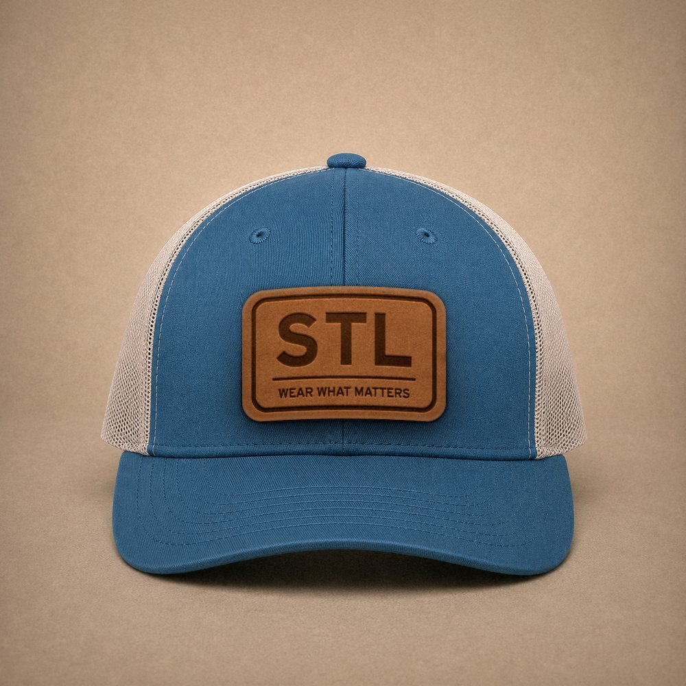 Steel Blue St. Louis hats — St. Louis STL Leather Patch Trucker Hat