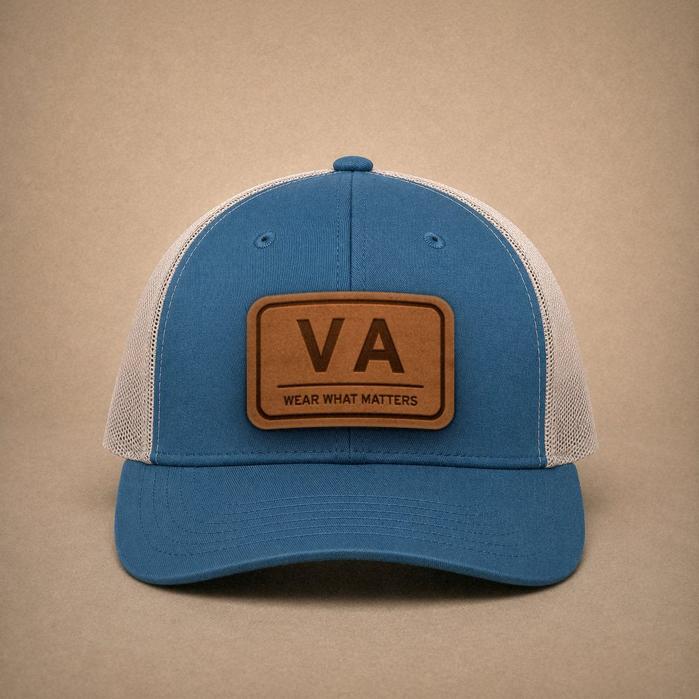 Steel Blue Virginia hats — Virginia VA Leather Patch Trucker Hat