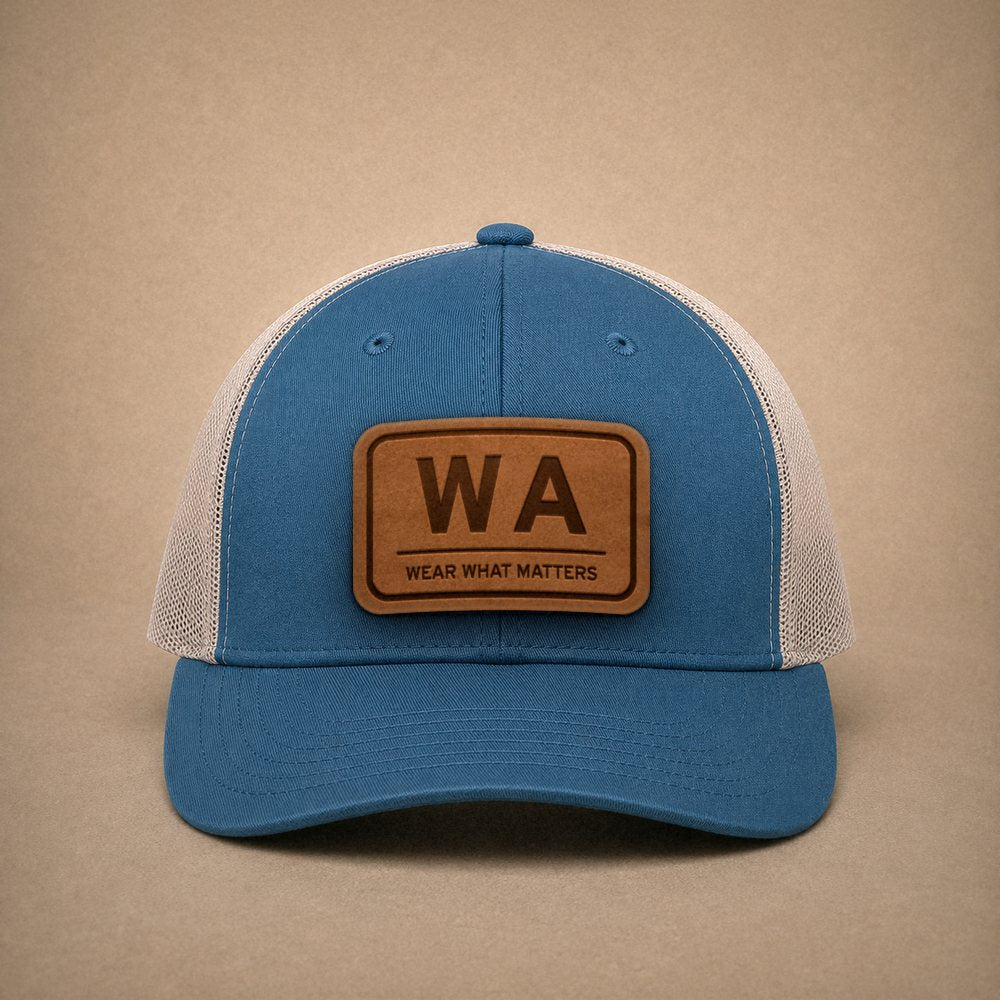 Steel Blue Washington hats — Washington WA Leather Patch Trucker Hat