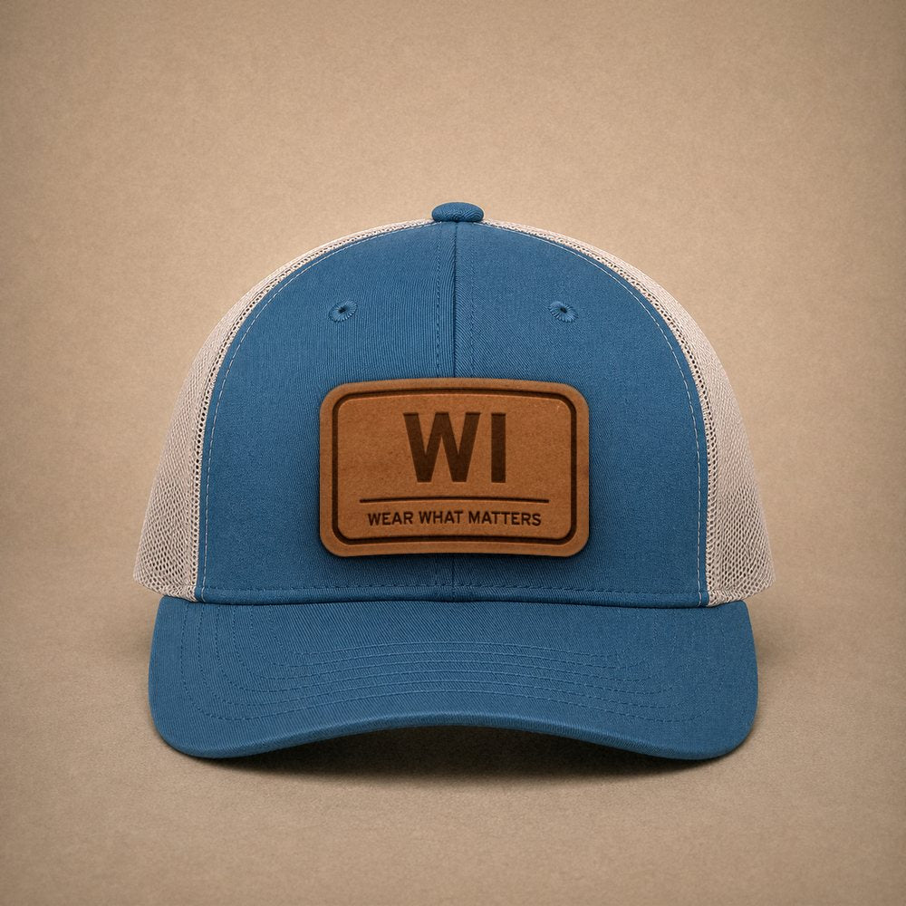 Steel Blue Wisconsin hats — Wisconsin WI Leather Patch Trucker Hat