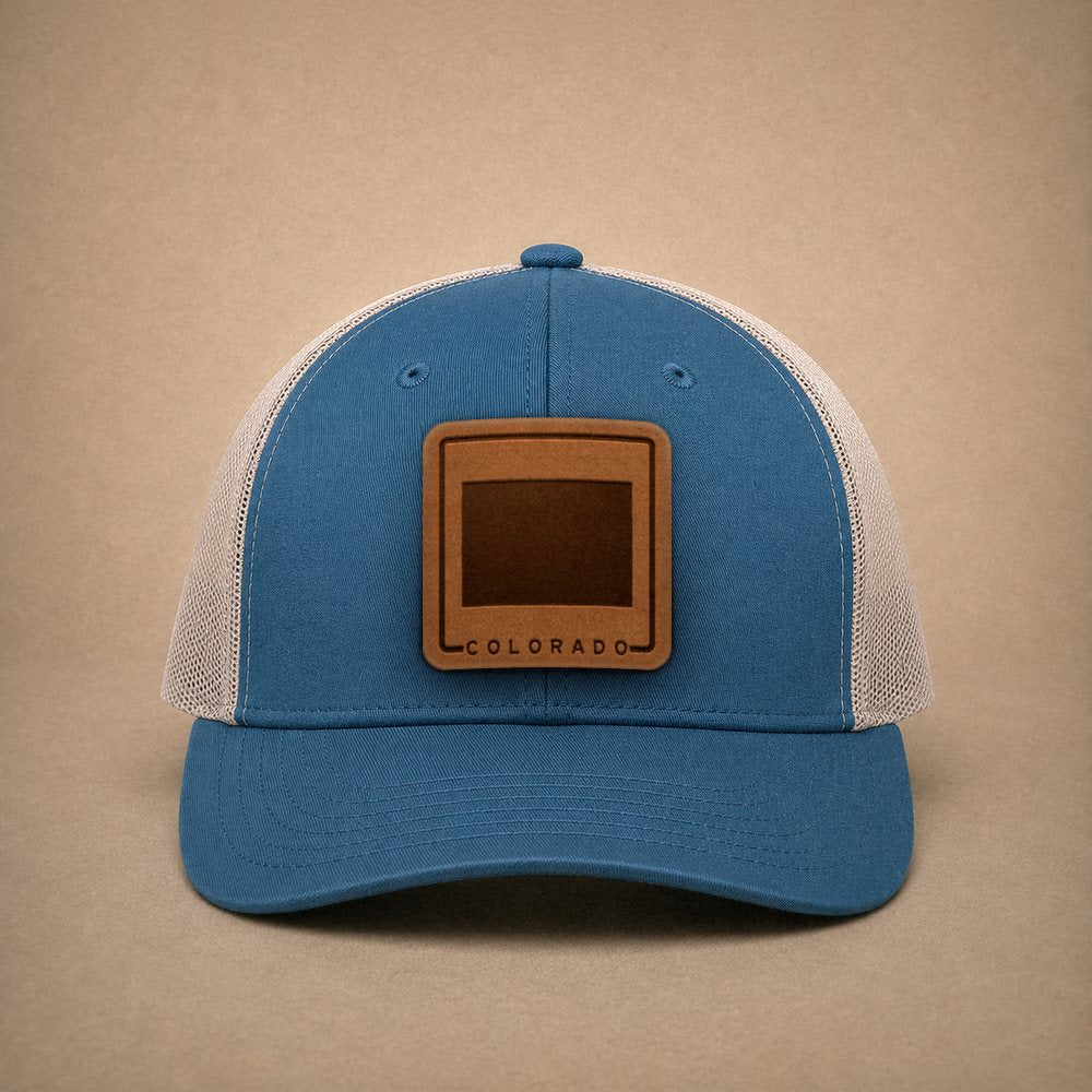 Steel Blue Colorado hats — Colorado Outline Leather Patch Trucker Hat