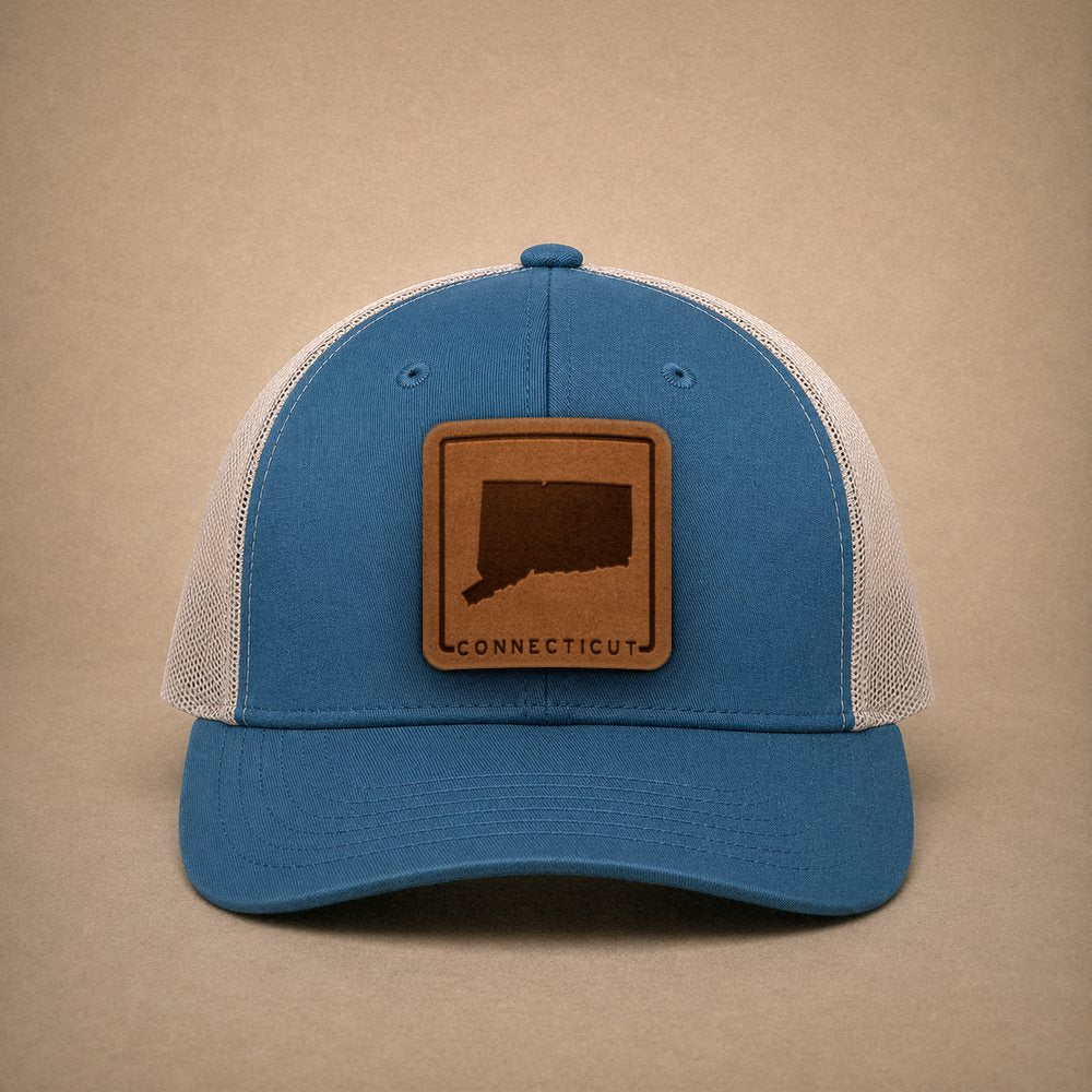 Steel Blue Connecticut hats — Connecticut Outline Leather Patch Trucker Hat
