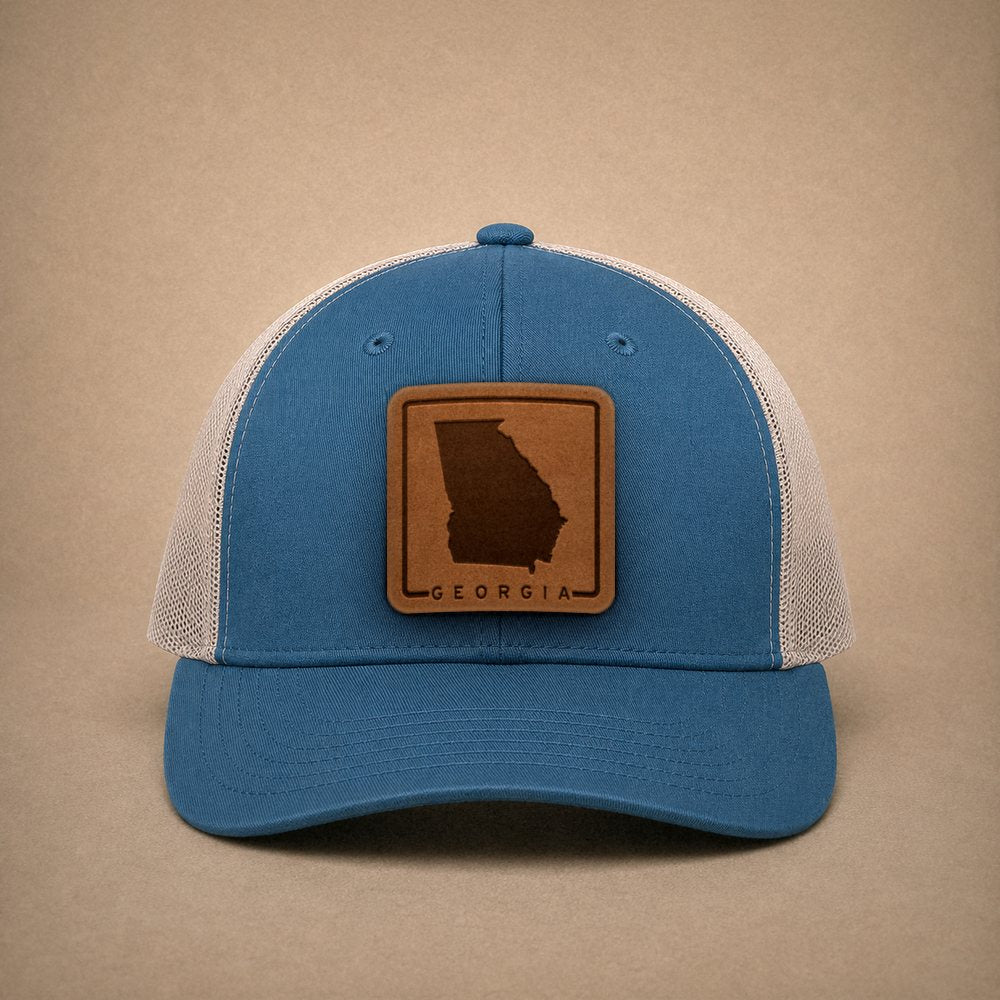Steel Blue Georgia hats — Georgia Outline Leather Patch Trucker Hat